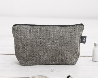 Large black linen cosmetic bag. Travel makeup bag with 2 pockets. Eco friendly zipper pouch for women, men. Toiletry groom bag. 3 colors