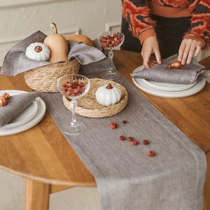 Grey modern linen table runner for fall, Halloween, Thanksgiving or farmhouse. Rustic holiday, new home, autumn long natural table runner