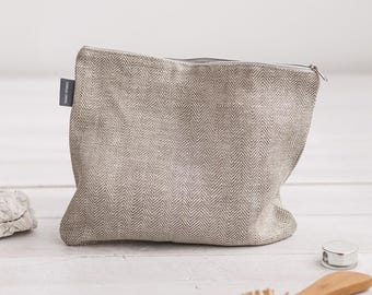 White linen large travel bag: zipper pouch, makeup toiletry bag for men, women. Canvas cosmetic bag. Bridesmaid, back to school gift