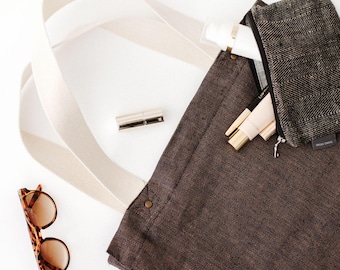 Large denim linen tote bag: school, yoga, travel, market, grocery. Reusable brown canvas tote for women, men. Heavy duty