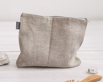 White large linen zipper pouch for makeup, travel. Eco friendly beige toiletry bag. Canvas cosmetic bag for men, women. Gift wrap available