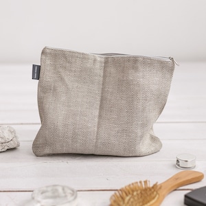 White large linen zipper pouch for makeup, travel. Eco friendly beige toiletry bag. Canvas cosmetic bag for men, women. Gift wrap available