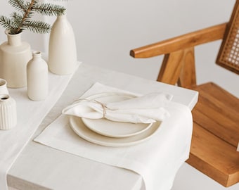 Modern white linen Christmas placemats for farmhouse table. Rustic dining placemat set for Thanksgiving, holiday. Natural wedding place mats