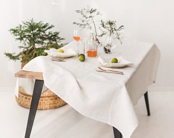 White linen Christmas tablecloth for holiday. Large table cloth for Thanksgiving day. Round, oval, rectangle, square, various color, size