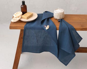 Teal blue towel. Natural linen bath towel set: small bath towel, hand towels, fingertip towels, reusable face cloth, washcloths. Host gift