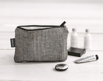 Small black linen makeup bag for travel. Zipper pouch for iPhone, pencils, coin. Eco friendly canvas toiletry bag for men, women. 3 colors