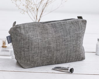 Black large cosmetic bag for travel. Toiletry bag for men, women. Natural linen extra large washable canvas makeup bag with zipper. 3 colors