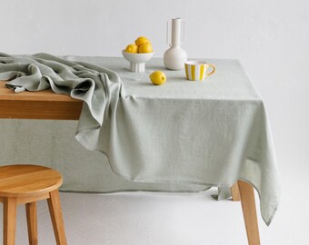 Mint green linen tablecloth: Christmas, Thanksgiving, fall table decor. Farmhouse, wedding, birthday dining table cloth. Holiday host gift