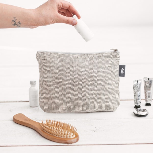 Medium White Linen Zip Pouch for Travel Cosmetics. Canvas Vegan Makeup Bag for Women, Men. Eco Friendly Toiletry Zipper Bag, Washable