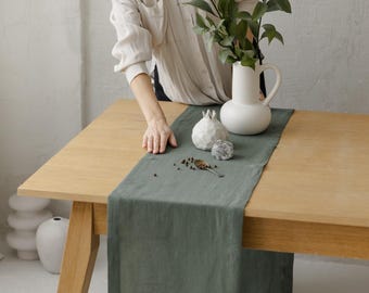 Forest green table runner: Thanksgiving runner, Christmas runner, farmhouse. Wedding linen table runner. Fall table decor, holiday host gift