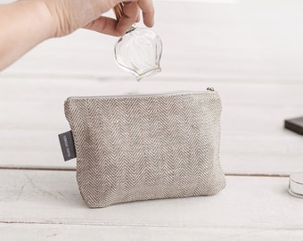 Small white linen canvas cosmetic bag for bride. Eco friendly clutch for coins. Organic linen travel bag. Birthday gift for her, him