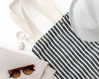 Striped linen tote bag: large beach bag, reusable grocery bag, farmers market bag. Natural linen tote bag with zipper, bride tote bag