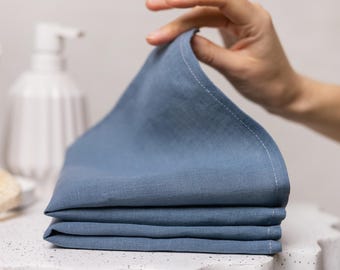 Dusty blue linen cloth: face towel, wash cloths. Natural linen washcloth, face cloth set. Organic towels, eco friendly cloths. Set of 4