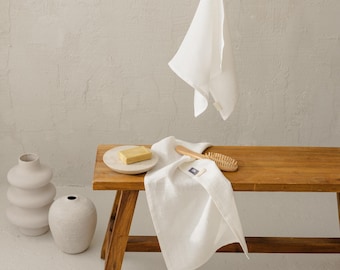 White towels. Natural linen bath towel set: small bath towel, hand towels, fingertip towels, reusable face cloth, washcloths