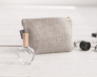 White makeup bag: zipper pouch, small cosmetic bag, canvas pencil case.  Natural linen canvas travel toiletry bag for women, men. 3 sizes