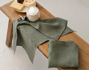 Forest green towels. Natural linen bath towel set: small bath towel, hand towels, fingertip towels, reusable face cloth, washcloths