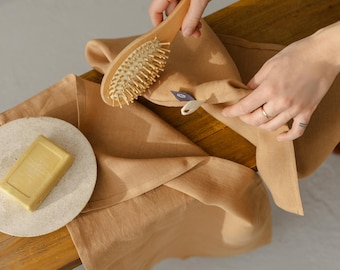 Almond brown towels. Natural linen bath towel set: small bath towel, hand towels, fingertip towels, reusable face cloth, washcloths