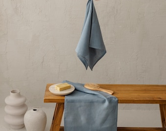 Dusty blue towel. Natural linen bath towel set: small bath towel, hand towels, fingertip towels, reusable face cloth, washcloths. Host gift