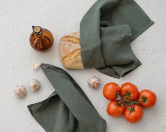 Forest green towel: linen tea towel set, fingertip towels, linen dish cloths. Natural linen kitchen towels, farmhouse dish towel, washcloths