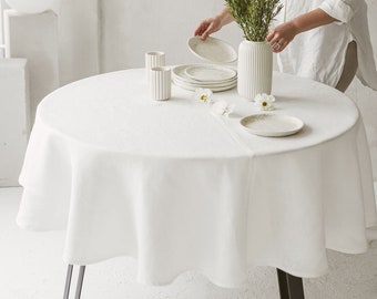 Round white linen tablecloth for wedding, holiday. Oval natural dining table cloth for Christmas, Thanksgiving. Various colors, custom size