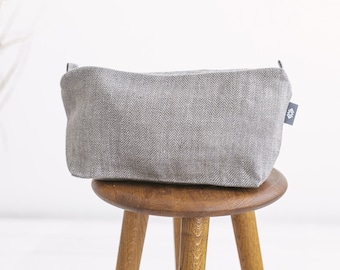Gray linen large makeup bag for travel, gym. Canvas toiletry bag with zipper for women, men cosmetic. 3 colors, washable bag. 25 SALE