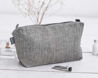 Grande trousse de maquillage en lin noir pour les voyages et la salle de sport. Grande trousse de toilette avec fermeture éclair pour produits de beauté pour hommes et femmes. 3 couleurs, sac lavable. 25 VENTE