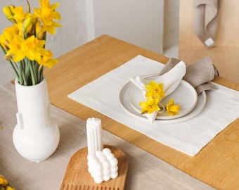 White linen placemats for spring farmhouse table. Rustic dining placemat set for Thanksgiving, holiday. Natural place mats. Various colors