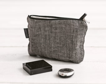 Small black linen makeup bag for cosmetic, travel. Toiletry zipper pouch for pencils, keys, iPhone. Various sizes