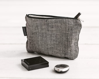 Small black linen makeup bag for cosmetic, travel. Toiletry zipper pouch for pencils, keys, iPhone. Various sizes