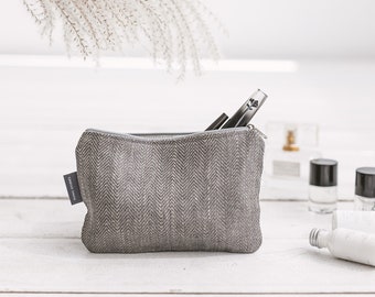 Grey Linen Small Travel Zipper Pouch for Phone, Coins. Eco Friendly Toiletry Bag for Cosmetic, Makeup. Birthday Gift for Her, Him. 3 Colors