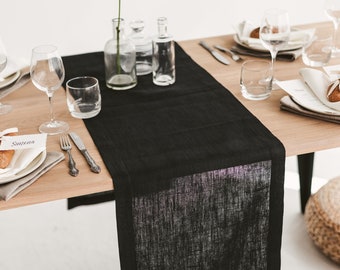 Black rustic linen table runner for modern wedding. Long table runner for spring, holiday, farmhouse, new home gift. Various color, size