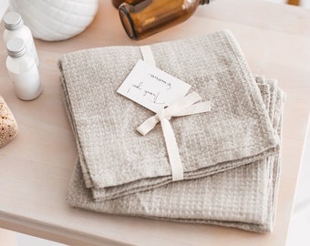 Natural linen waffle bath towels for hand, face. Set of soft guest towels, face cloths. Quick dry, absorbent, antiallergic organic towels