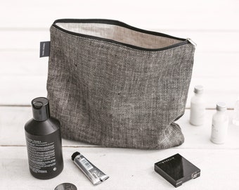 Large black cosmetic bag for men, women. Linen makeup bag for travel, iPad. Eco friendly toiletry bag, zipper pouch. 3 colors, washable