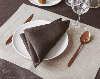 Dark Brown Linen Napkins. Thick Linen Cloth Dinner Napkins for Dining Table. Farmhouse Napkin for Holidays. Handmade Linen Napkin in pcs.