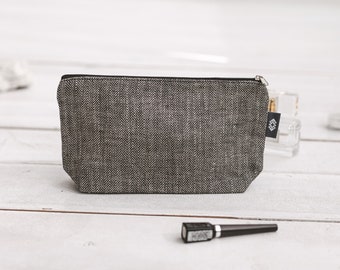 Black makeup bag for travel cosmetic. Toiletry bag for gym men, women. Eco friendly natural linen toiletry bag for wedding, groom. 3 colors