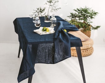 Navy blue natural linen tablecloth for Christmas, holiday. Square, rectangle table cloth for Thanksgiving day. Various color, sizes