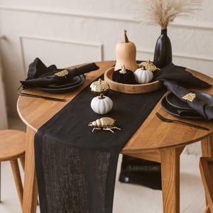 Black rustic linen table runner for modern wedding decor. Long table runner for spring, holiday, farmhouse, new home gift. Various sizes