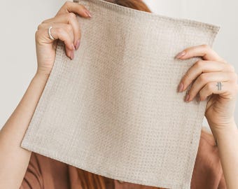 Natural linen reusable face cloths. Eco friendly exfoliating waffle towel for peeling, body massage, makeup. Washcloth set, quick absorbent