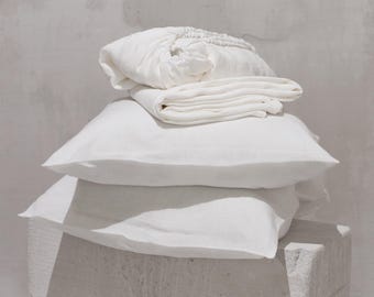 White natural linen bedding set: fitted, flat sheet, 2 pillow cases. Twin, Full, Double, Queen, King. Organic host, Christmas gift