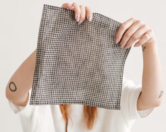 Black waffle linen face exfoliating towel. Natural, organic reusable face cloths for makeup remove, massage, peeling, cleaning, set of 4