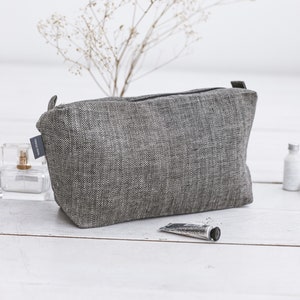 Black large travel makeup bag. Canvas cosmetic bag with zipper for men, women. Natural linen eco friendly zipper pouch. 3 sizes