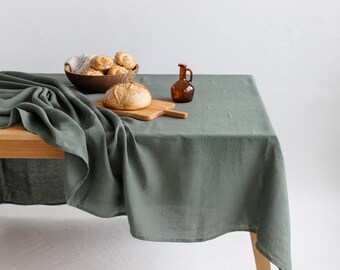 Forest green linen tablecloth: Christmas, Thanksgiving, fall table decor. Wedding, birthday, farmhouse dining table cloth. Holiday host gift