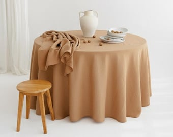 Almond round linen tablecloth: wedding, kitchen, Thanksgiving. Brown Christmas table cloth. Birthday, holiday hosting gift. Fall table decor