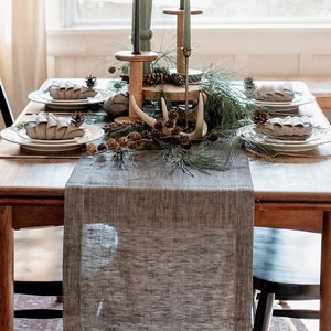 Modern black table runner for Christmas, Thanksgiving day. Natural linen long table runner for rustic or fall holiday, wedding, farmhouse image 1