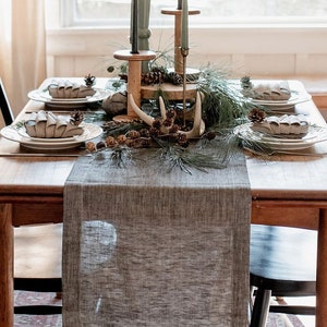 Modern black table runner for Christmas, Thanksgiving. Natural linen long table runner for rustic, fall, winter holiday, wedding, farmhouse