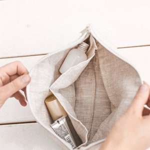 Large white linen makeup bag. Eco friendly cosmetic bag with zipper for toiletries. Organic travel pouch for women, men. 2 pockets, 3 colors image 4