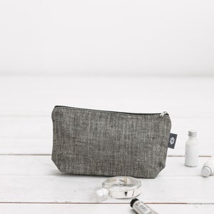 Black large travel makeup bag. Canvas cosmetic bag with zipper for men, women. Natural linen eco friendly zipper pouch. 3 sizes Medium