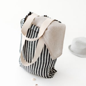 Large striped linen market tote bag for grocery, shopping. Reusable natural tote bag for beach, travel. Canvas bag for women, men pocket image 6