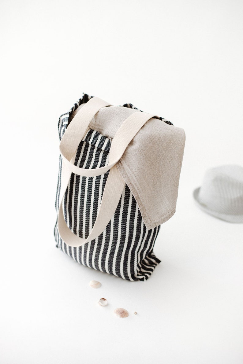 Large striped linen market tote bag for grocery, shopping. Reusable natural tote bag for beach, travel. Canvas bag for women, men pocket image 6