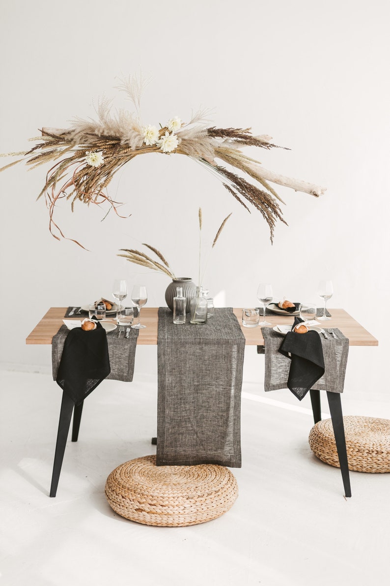 Modern black table runner for Christmas, Thanksgiving day. Natural linen long table runner for rustic or fall holiday, wedding, farmhouse image 7